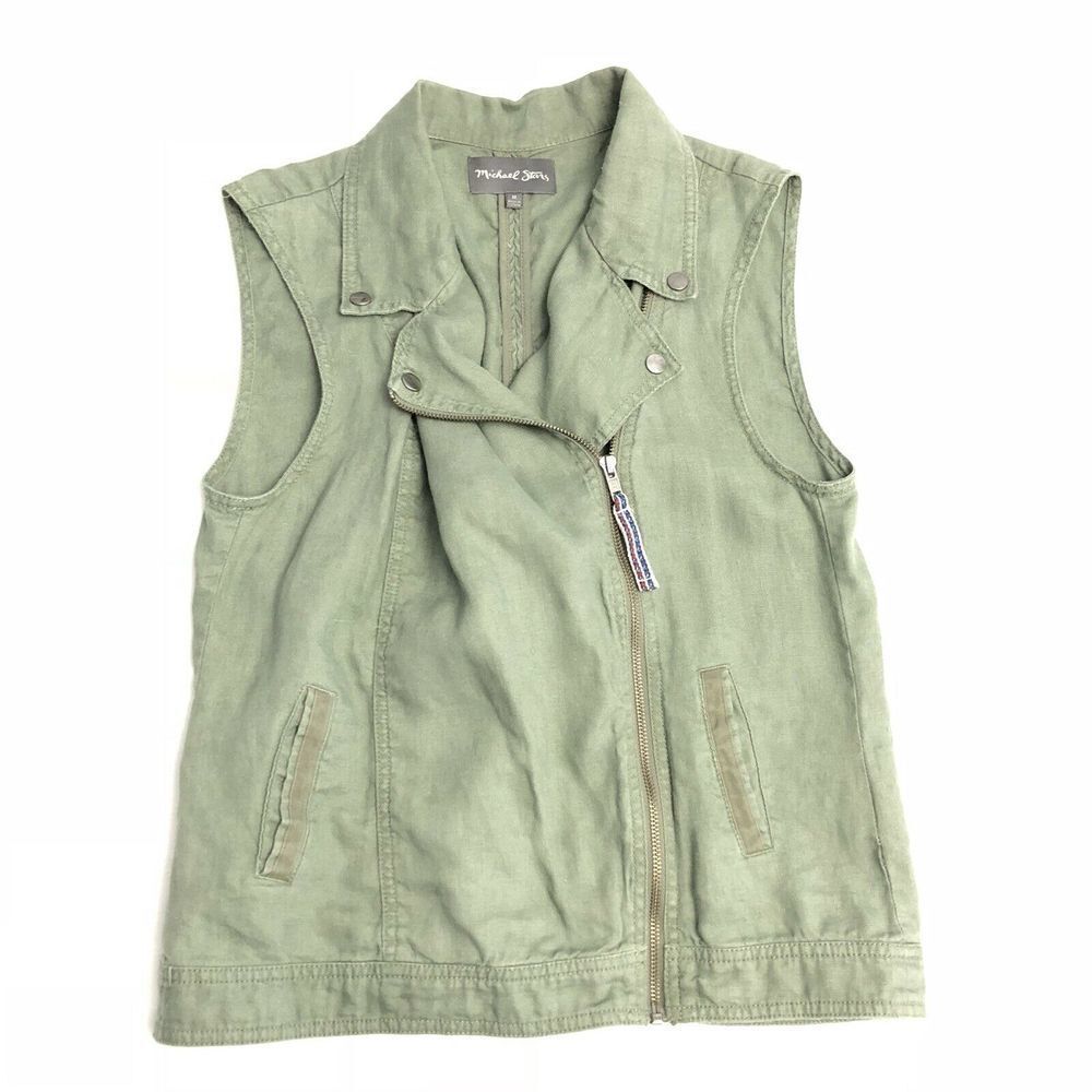 Michael Stars Olive 100% Linen Side Zip Moto Vest